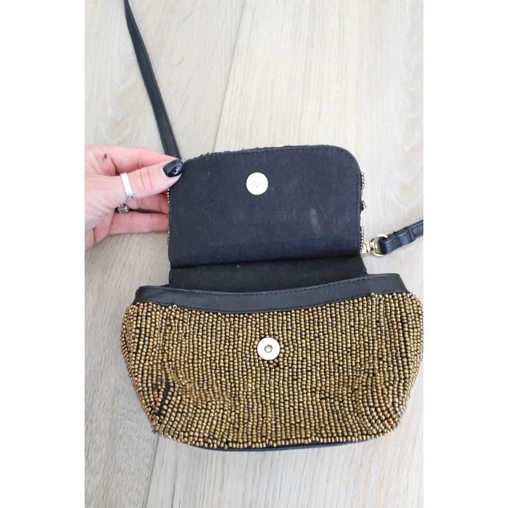 Free People Beaded Embellished Crossbody Bag Black Gold Pearl Crystal Boho Small